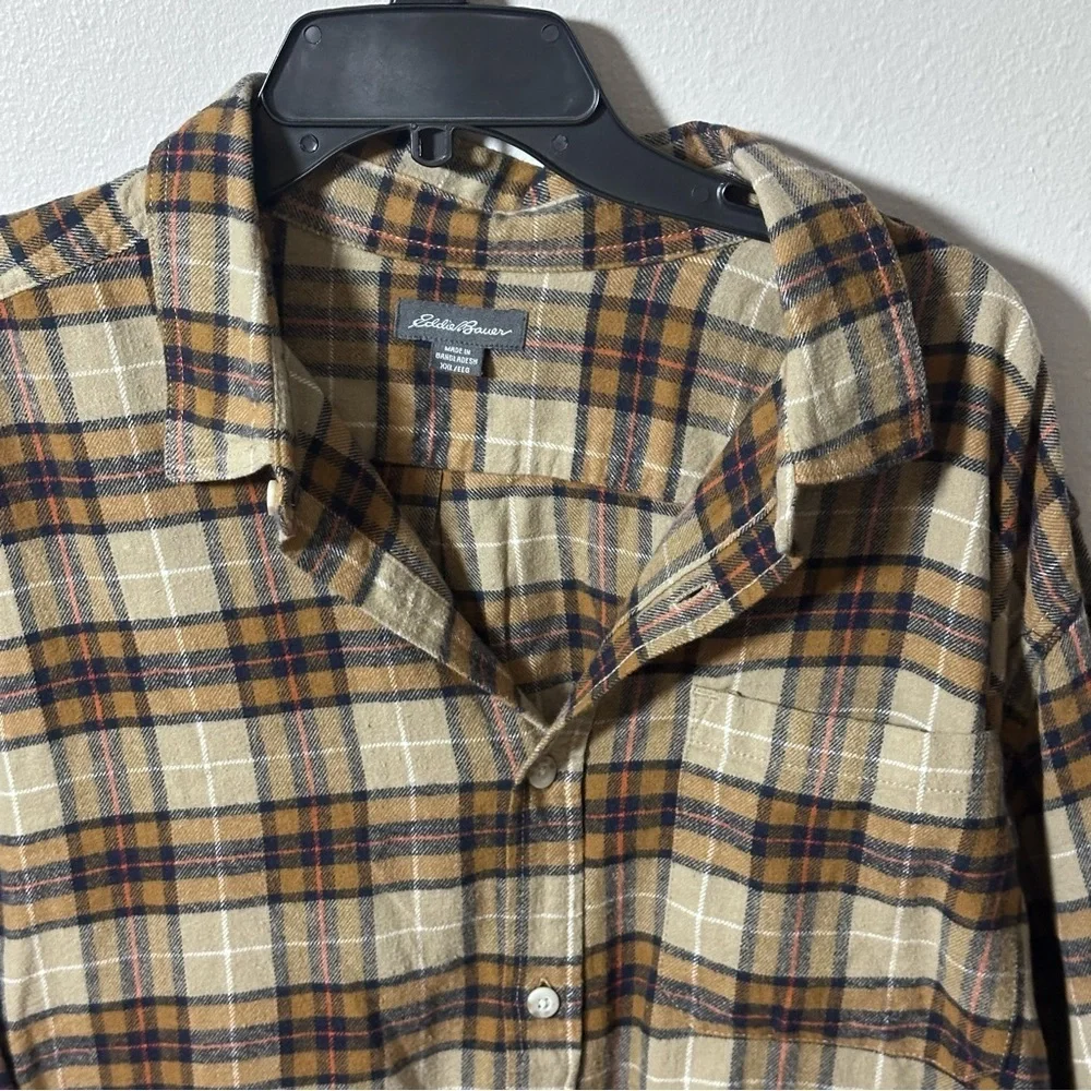 Eddie Bauer Men Brown Tan Plaid Button Down Flannel‎ Shirt Long Sleeve size XXL.